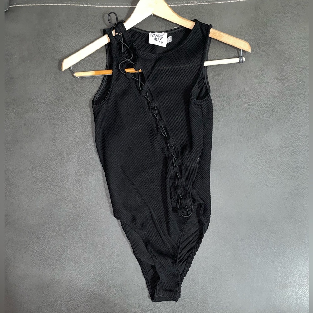 Princess Polly Black Ribbed Lace-Up Bodysuit | Size 2 (US)